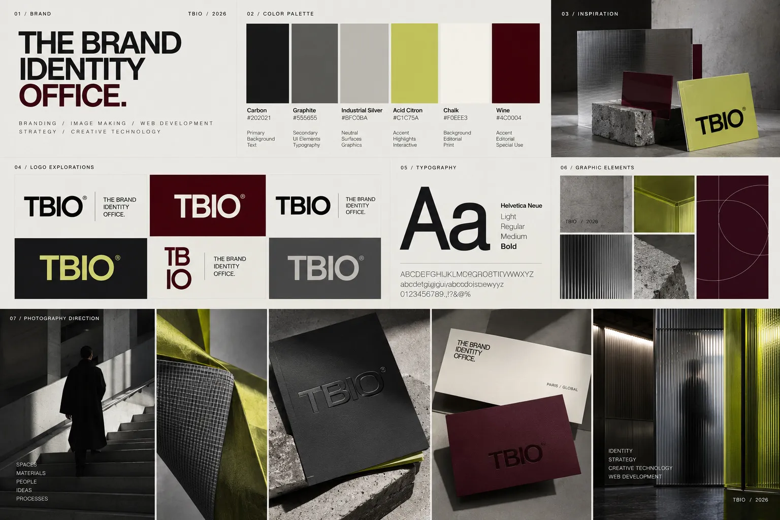 Identity board: palette, inspiration materials, logo explorations, typography and photography direction.