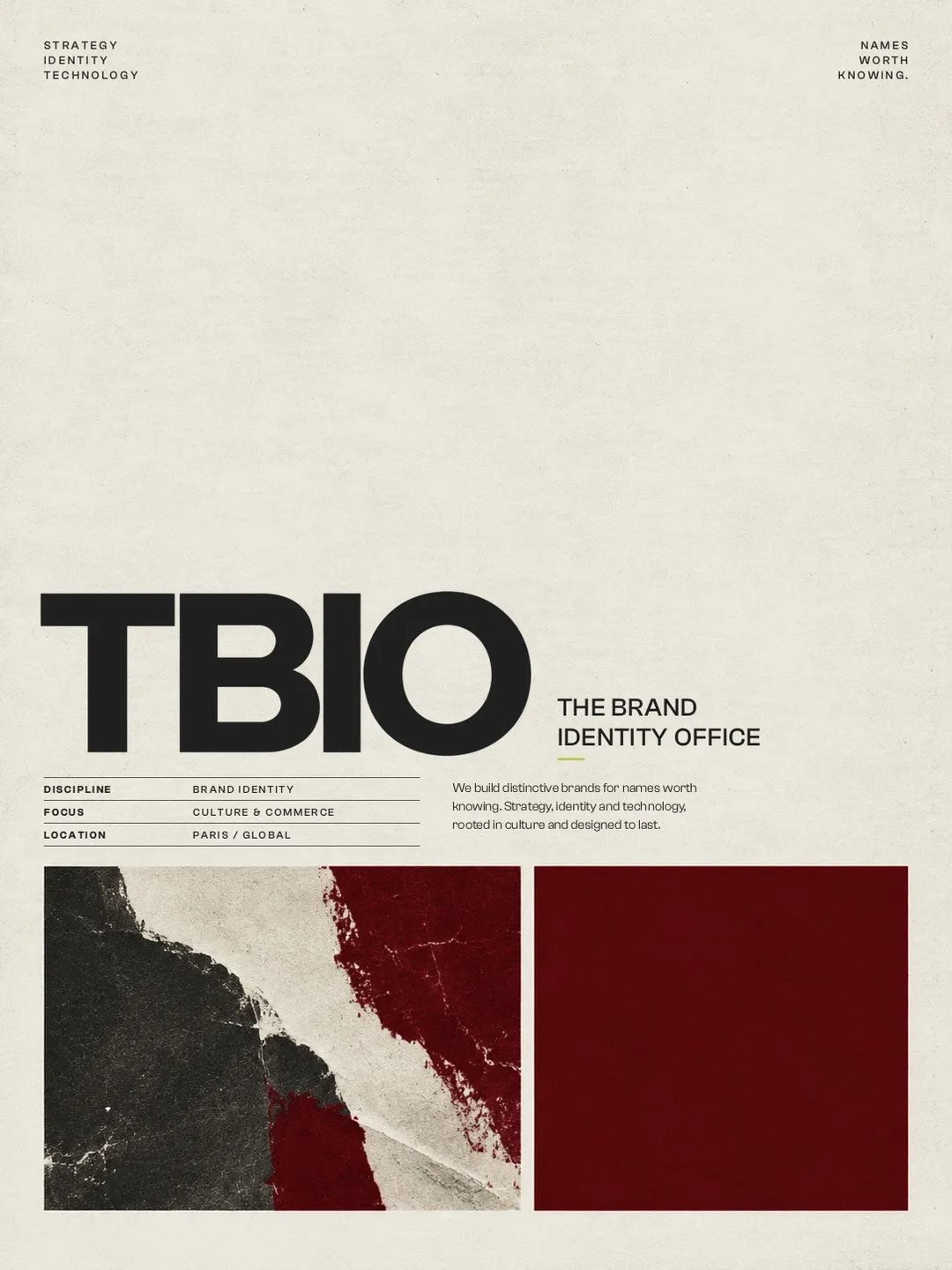 Masthead poster with the TBIO wordmark and a spec table.