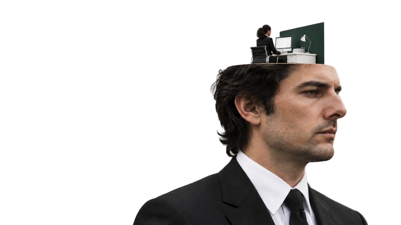 A man in a black suit in profile against a ribbed wall; the top of his head is open and a tiny office sits inside it, a woman working at a desk with a lamp.