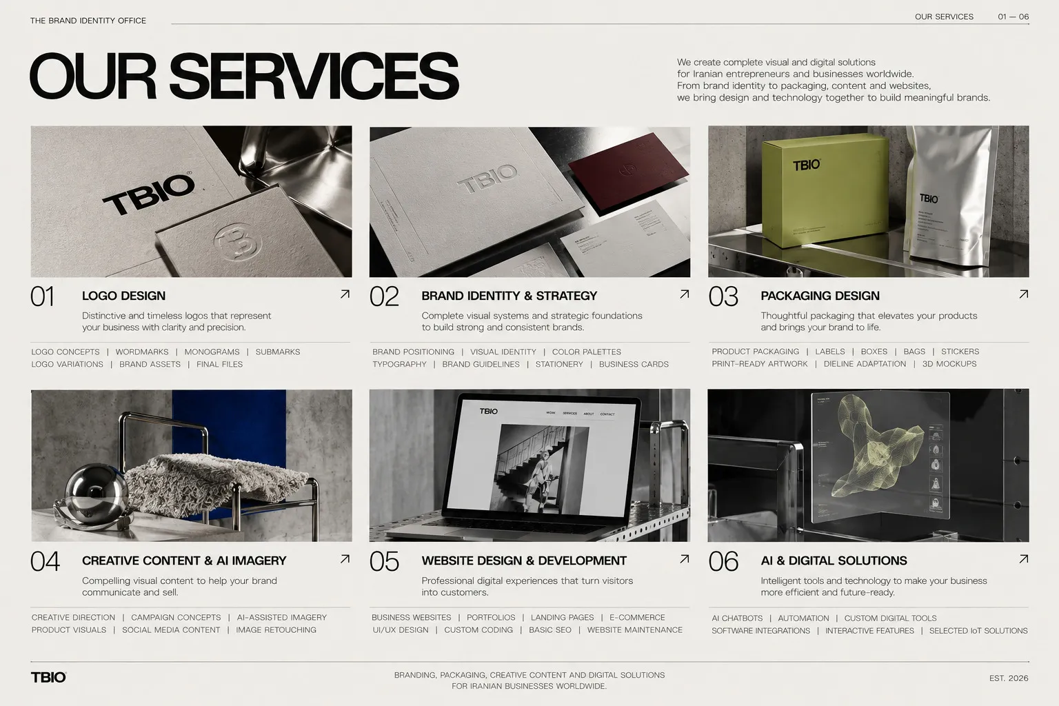 Six images of TBIO objects: debossed card, stationery, packaging, still life, laptop and a glass panel.