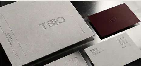 Debossed TBIO letterhead, card and envelope on grey stock.