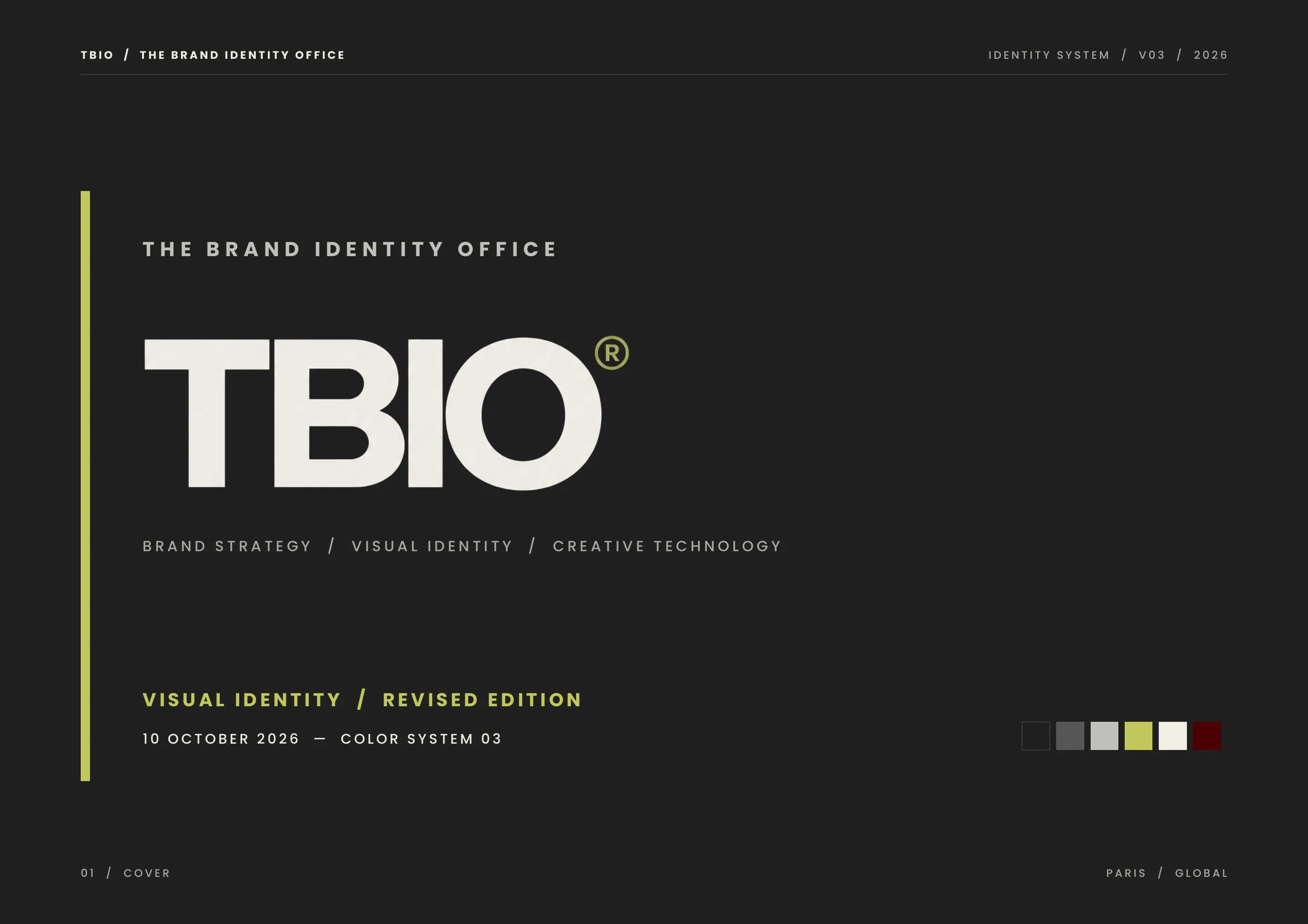 Cover of the TBIO Visual Identity V03 deck: the TBIO wordmark on Carbon with a citron rule.