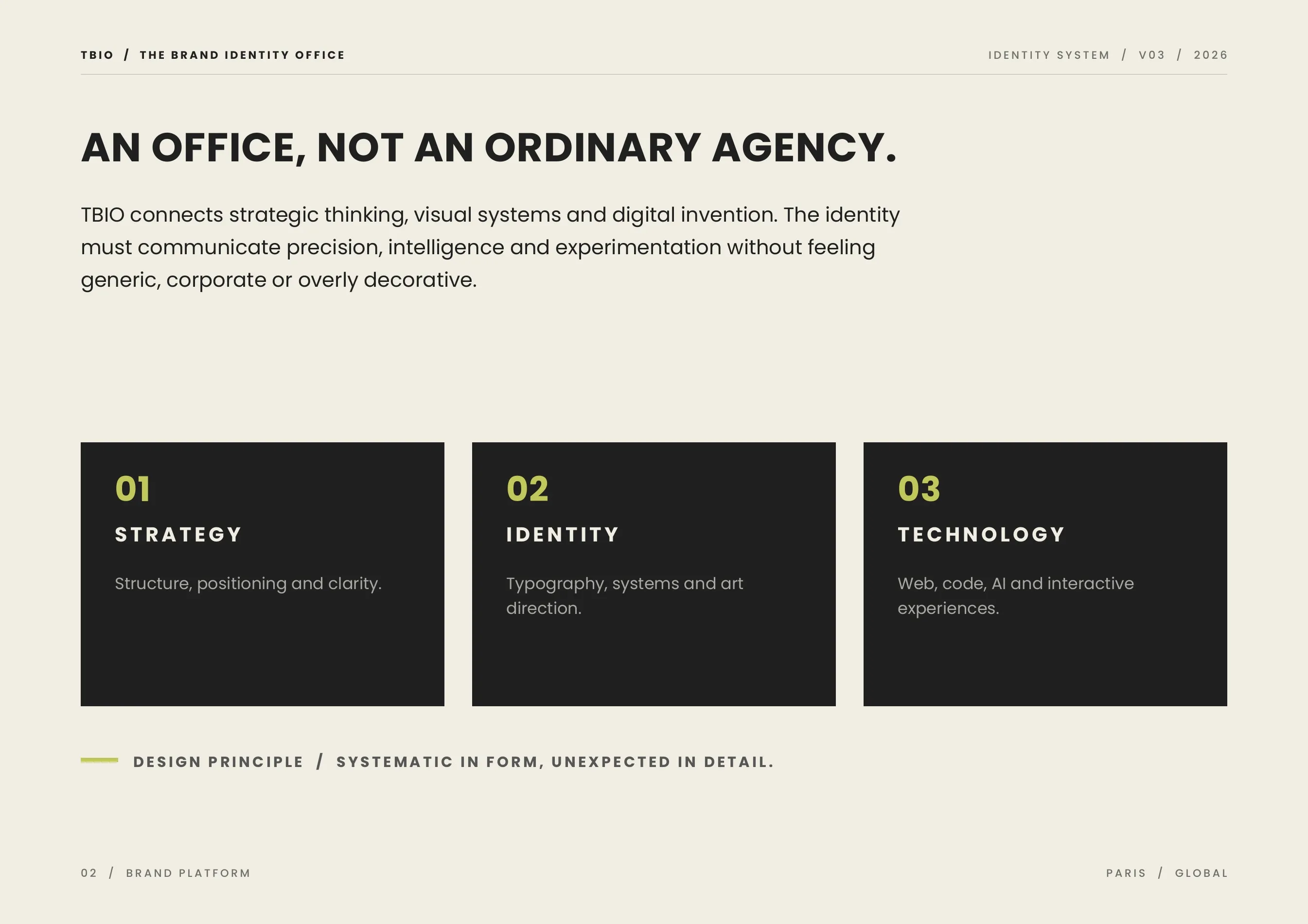 Brand platform page: An office, not an ordinary agency, with Strategy, Identity and Technology.
