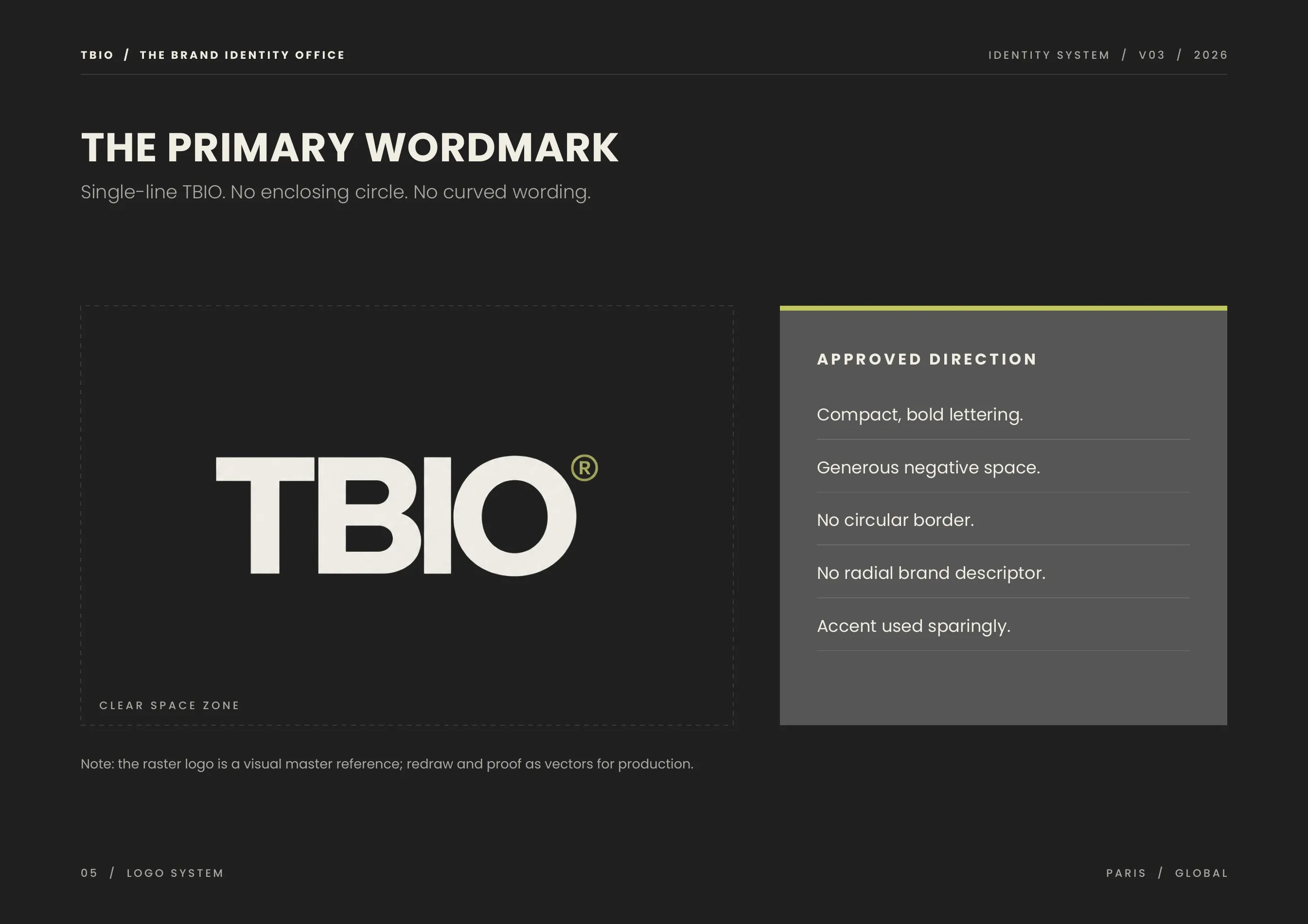 Primary wordmark page with the approved direction.