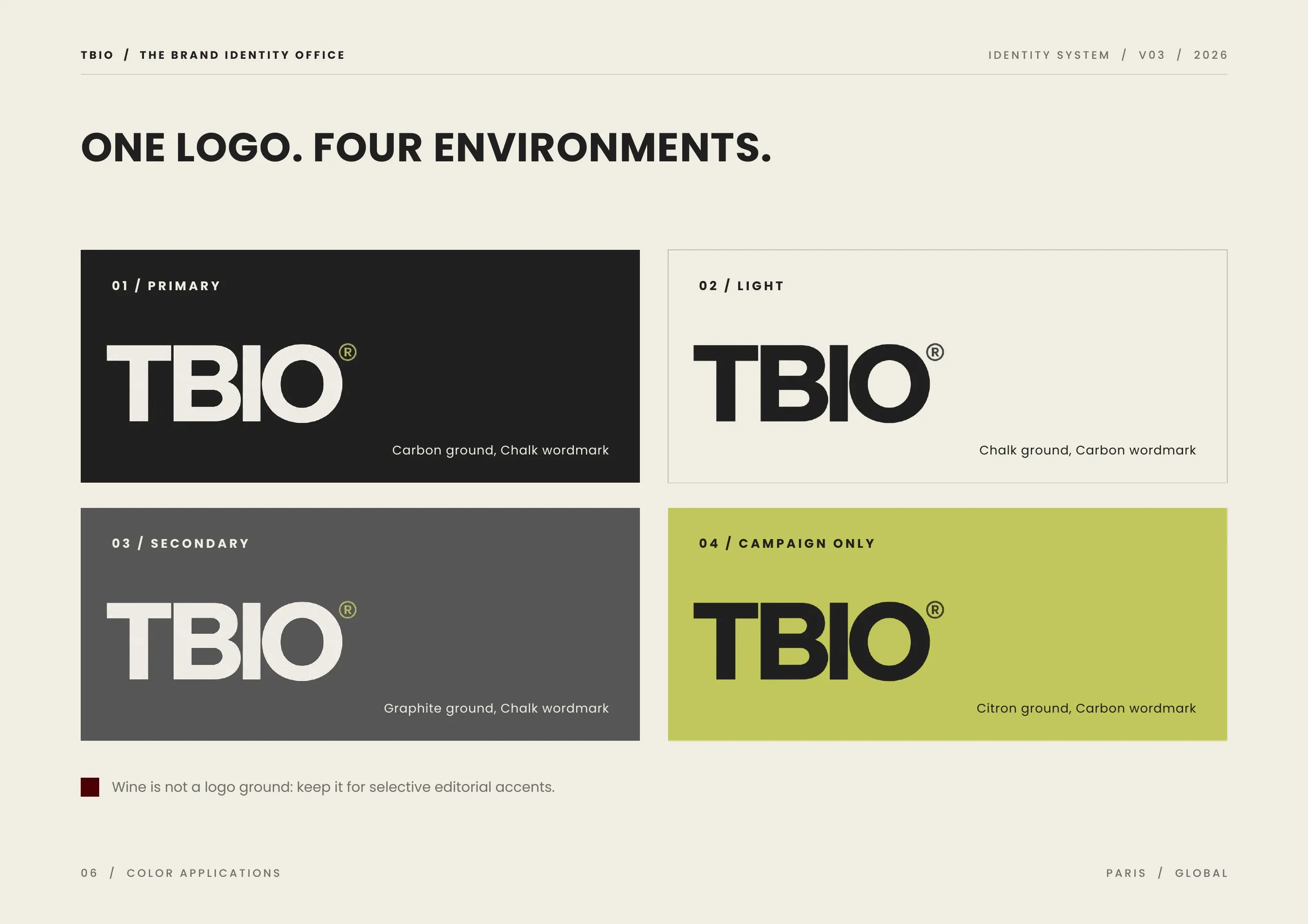One logo, four environments: Carbon, Chalk, Graphite and Citron grounds.