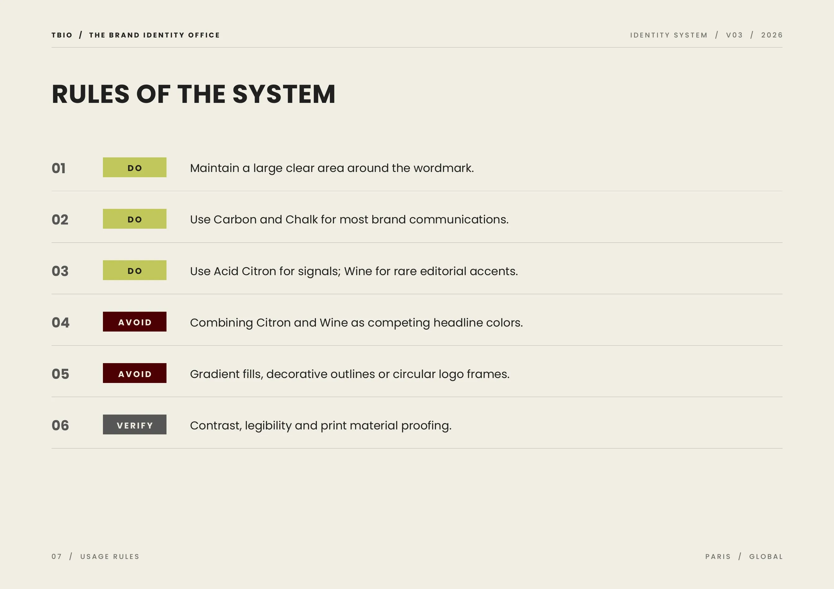 Rules of the system: do, avoid and verify.
