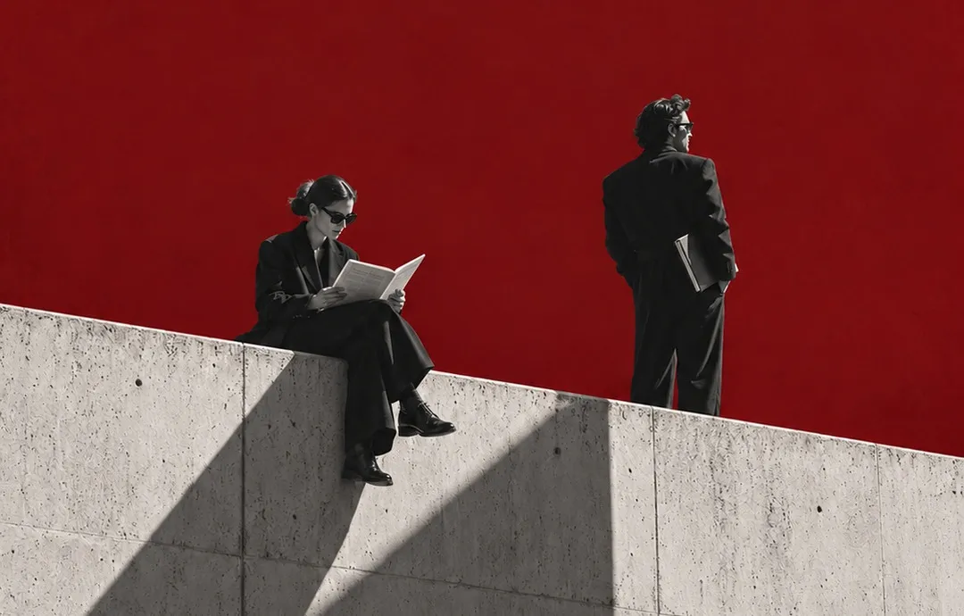 Two figures in black on a sunlit concrete wall against a deep red field: one reads, one looks away.